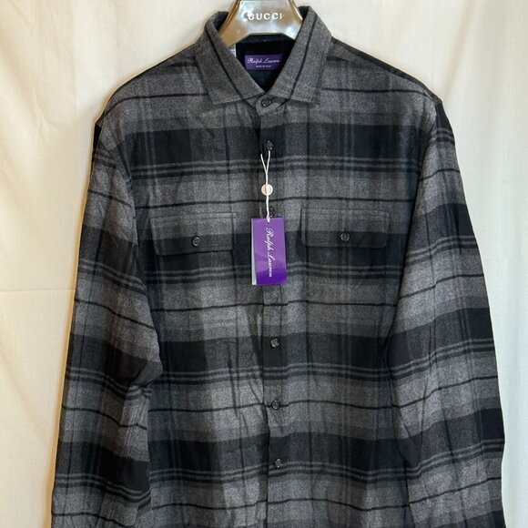 Ralph Lauren Purple Label Men's Plaid Long Sleeve Shirt -Blk Charcoal-XXL-Ret495 - Picture 1 of 5